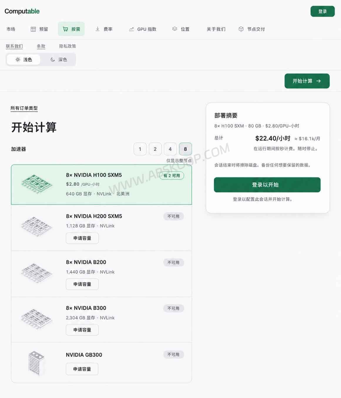 Computable On-demand GPU 页面,展示 H100 SXM 按需 GPU 租赁价格